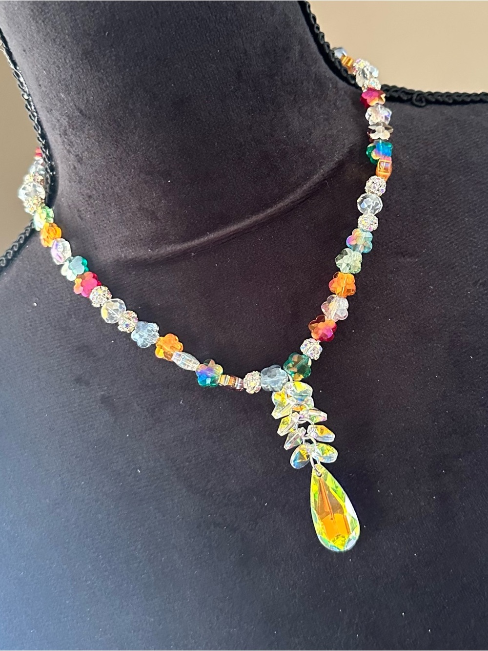 Hand Crafted Multicolor Crystal Beaded Necklace with Iridescent Teardrop - Picture 2 of 7